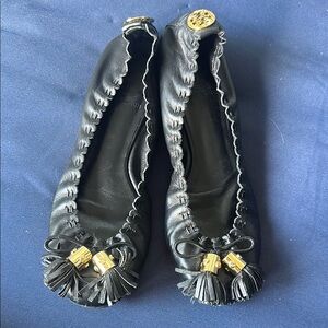 Tory Burch Black Leather Flats with Gold Accents